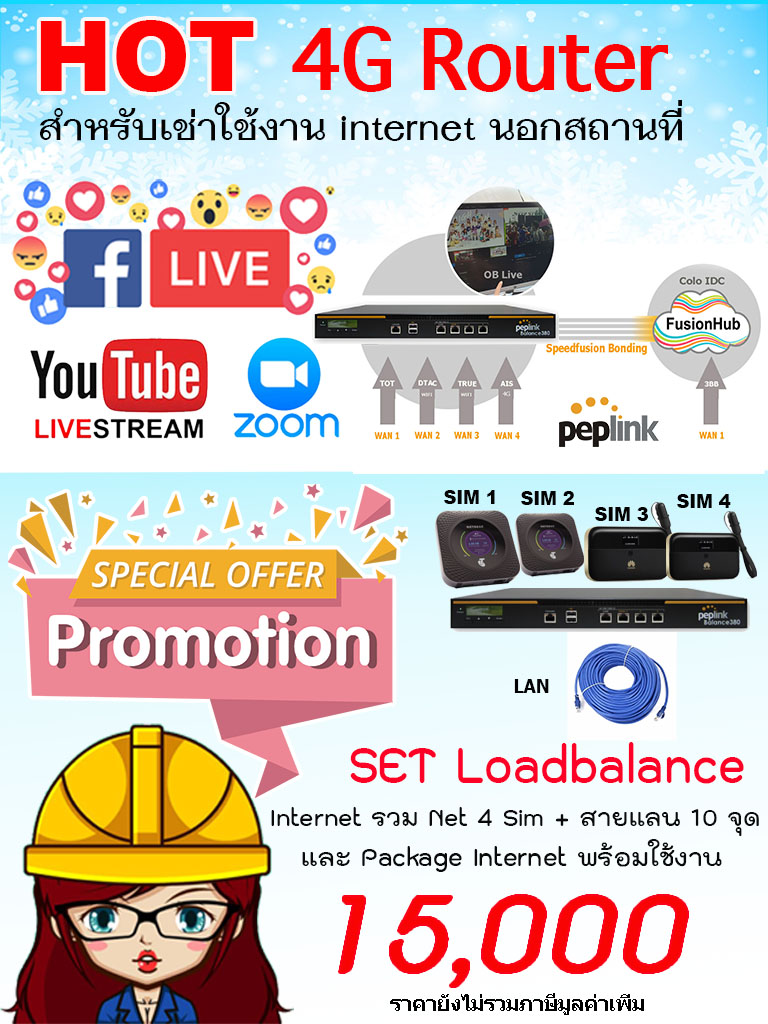 Set  11  เพิ่มความสเถียร Router Internet Loadbalance  รวม Internet 4  Sim 4G   พร้อม สายแลน 20-50 เมตร ไม่เกิน 10 จุด สำหรับรองรับ 80-100 ผู้ใช้งานพร้อมกัน แบรนด์ Peplink