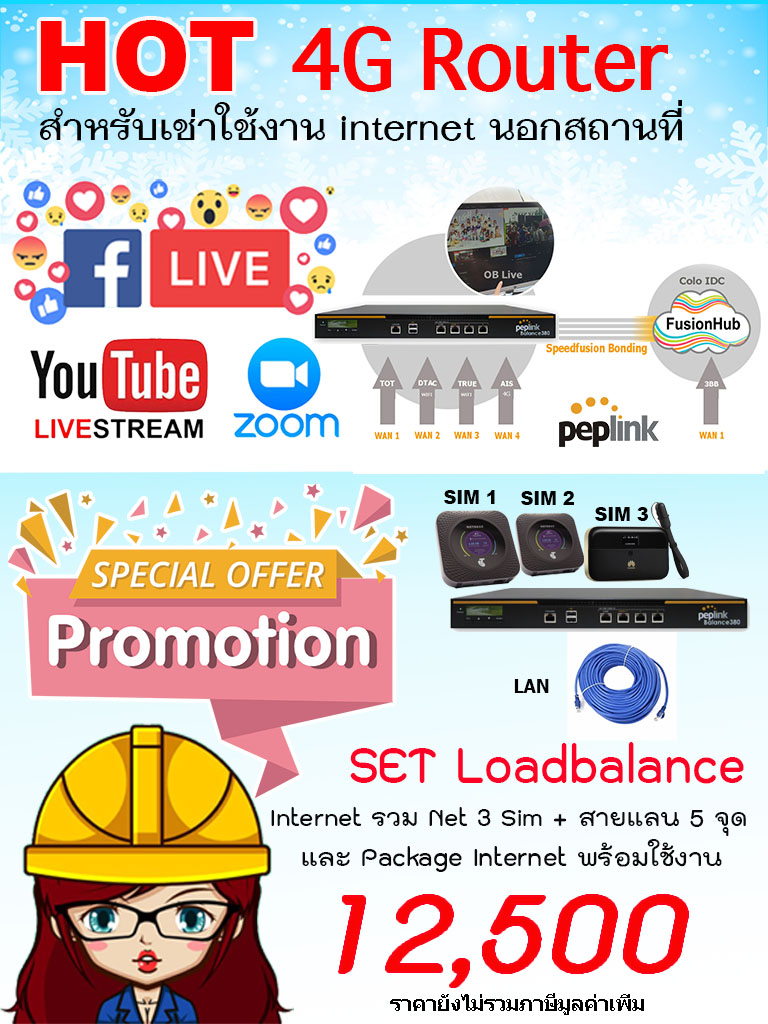 Set  10  เพิ่มความสเถียร Router Internet Loadbalance  รวม Internet 3  Sim 4G   พร้อม สายแลน 20-50 เมตร ไม่เกิน 5 จุด สำหรับรองรับ 5-50 ผู้ใช้งานพร้อมกัน แบรนด์ Peplink